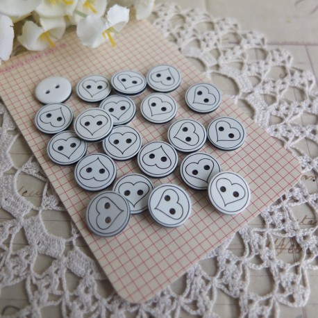 20 boutons noir-blanc coeur